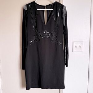 Haute Monde Black Sequin Long Sleeve V-Neck Cocktail Dress